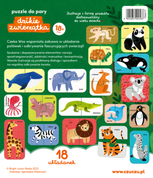 Tył opakowania Puzzle Czuczu Dzikie Zwierzątka, prezentujący 18 dwuelementowych układanek ze zwierzętami.