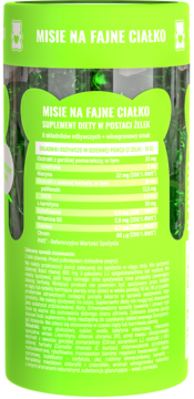 Tył zielonego cylindrycznego opakowania Misie na fajne ciałko, suplement diety w żelkach z widoczną listą składników.