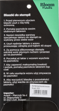 Tył czarnego opakowania Bloom Nails Blaszki do stempli z instrukcją użycia i danymi importera.