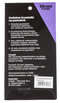 Tył opakowania ozdobnych kryształków na paznokcie Bloom Nails, z instrukcją użycia i ostrzeżeniami.