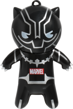 Marvel Black Panther lip balm keychain, czarny z srebrnymi detalami, widok z przodu, smak T'Challa Tangerine.