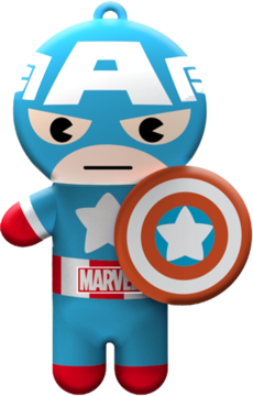 Brelok-balsam do ust Marvel Kapitan Ameryka, niebieska figurka z tarczą, smak jagodowy, widok z przodu.