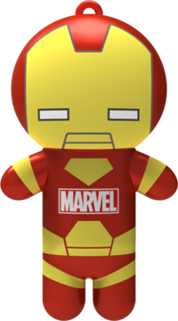Brelok-balsam do ust Iron Man Marvel, figurka czerwono-złota z logo na piersi, widok z przodu.