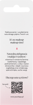 Opakowanie Your Kaya Cherry Glow olejku do ust, z polskim tekstem o pielęgnacji i QR kodem. Jasnoróżowe, widok z przodu.