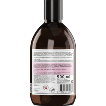 Tył brązowej butelki szamponu Vis Plantis Pharma Care z łopianem 500ml na wypadanie włosów, z etykietą.