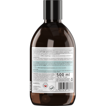 Tył ciemnej butelki VisPlantis szamponu 500 ml. Widoczna biała etykieta ze składem, logo vegan i recyklingu.