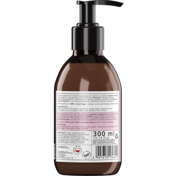 VisPlantis odżywka z łopianem, tył brązowej butelki 300ml z pompką, z widocznymi białymi etykietami.