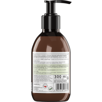 Tył brązowej butelki naturalnej odżywki do włosów ze skrzypem polnym, biała etykieta z opisem 300 ml.