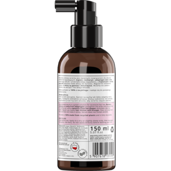 Vis Plantis naturalna wcierka do włosów z łopianem, tył brązowej butelki 150 ml z czarną pompką i etykietą.