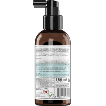 Tył brązowej butelki 150ml ziołowej wcierki do włosów przetłuszczających się, z czarną pompką i etykietą.