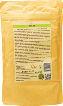 Tył beżowej torebki Sattva Tulsi ziołowej maseczki do twarzy i włosów z zieloną etykietą, widoczny opis produktu.