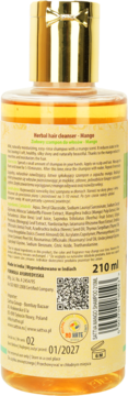 Tył opakowania ziołowego szamponu Sattva Ayurveda mango w żółtej butelce z danymi i składnikami.