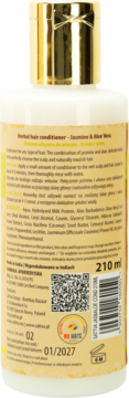 Tył butelki odżywki Sattva Jaśmin i Aloes 210ml, z informacjami o produkcie i składnikami.
