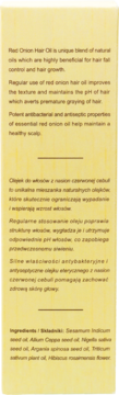 Żółty panel olejku Sattva Czerwona Cebula z Hibiskusem: tekst z opisem działania i składników.