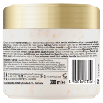 Tył opakowania Pantene Pro-V Miracles Deep Hydration maska nawilżająca w białym słoiku 300 ml z etykietą składników.