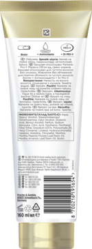 Tył opakowania odżywki Pantene Pro-V Miracles Lift’n’ Volume 160ml, złoto-biała tubka z listą składników.