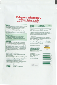 Tył białego opakowania suplementu Rossmann Kolagen z witaminą C w proszku z widocznymi informacjami.