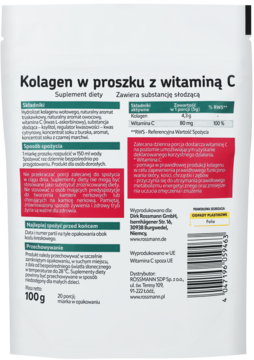 Tył białego opakowania Kolagenu w proszku z witaminą C, z tabelą składników i opisem działania witaminy C.