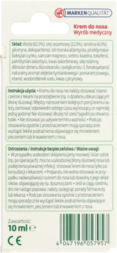 Tył białego opakowania kremu do nosa Marken Qualität 10ml, z zielonym tekstem i kodem kreskowym.