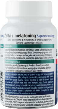 Tył opakowania suplementu Żelki z melatoniną, biała butelka z zieloną etykietą, widoczne składniki.