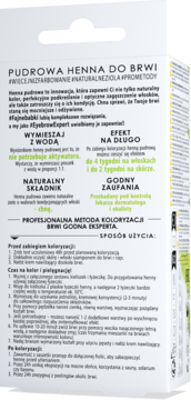 Tył białego opakowania pudrowej henny do brwi Delia, szczegółowy tekst o składzie i użyciu.