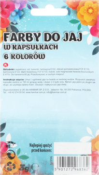 Tył opakowania farbek do jajek w kapsułkach, 6 kolorów. Widoczne składniki, instrukcja użycia i kod kreskowy.