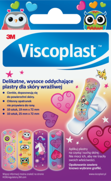 Opakowanie plastrów dla dzieci Viscoplast 3M, z sowami i sercami. Kolorowe plastry z motywem jednorożca, dla skóry wrażliwej.