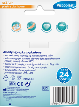 Tył opakowania plastrów Viscoplast Active: wodoodporne, piankowe, ochrona 360, UV, 24h. Na jasnoniebieskim tle.