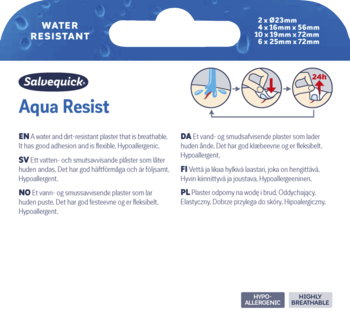 Opakowanie Solvequick Aqua Resist, wodoodporne i oddychające plastry hipoalergiczne. Białe tło z niebieskimi akcentami.