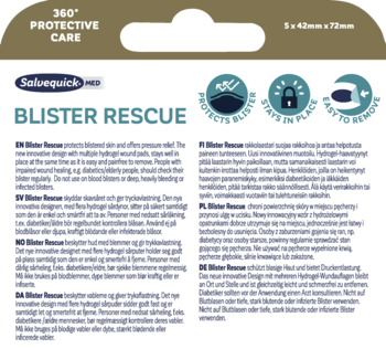 Opakowanie Salvequick Blister Rescue hydrożelowych plastrów na pęcherze pięt, 360° ochrona, widok z przodu.