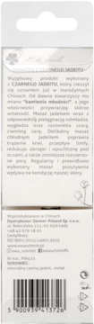 Tył opakowania masażera do twarzy z czarnego jadeitu, z opisem korzyści i kodem kreskowym.