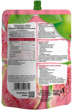 Tył różowej saszetki musu owocowego Purena z guawy, widoczne informacje o produkcie i owoce guawy.