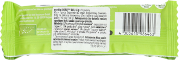 Tył zielonego opakowania batonu energetycznego enerBIO z etykietą składu, kodem kreskowym i certyfikatem BIO.