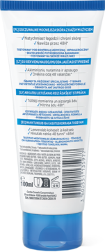 Tył białej tubki kremu do rąk Mixa Ceramide Protect, z niebieską nakrętką, opisem i info o 100ml pojemności.