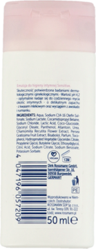 Biała butelka emulsji do higieny intymnej Sensitive 50 ml, tył z listą składników, kodem i symbolami.