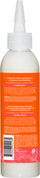 Tył białej butelki Cantu Guava & Ginger, peelingująca kuracja do skóry głowy, pomarańczowa etykieta z kodem EAN.