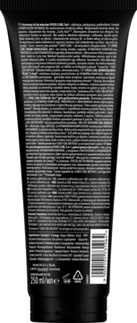 Tył czarnej tubki kremu do loków Syoss Curl Control 250ml z białym tekstem, listą składników i kodem kreskowym.