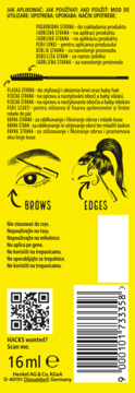 Tył opakowania żelu Got2b Glued 2w1 do brwi i baby hair, instrukcje, QR, objętość 16ml.