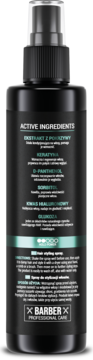 Barber X spray teksturyzujący, czarna butelka, tył z listą aktywnych składników i instrukcją użycia.