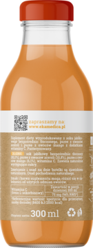Pomarańczowy sok jabłkowy Ekamedica z acerolą i mango w szklanej butelce, widok z tyłu etykiety 300 ml.