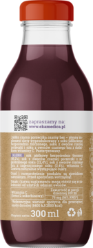 Tył butelki soku EkaMedica jabłkowo-porzeczkowo-bzu z wit. C, ciemny płyn, czerwona nakrętka, beżowa etykieta z QR.