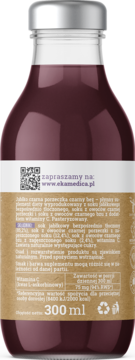 Tył butelki suplementu diety Ekamedica, sok z czarnej porzeczki i bzu, 300ml, z etykietą.