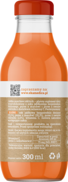 Tył pomarańczowej butelki soku EkaMedica z marchwią i rokitnikiem, z etykietą, QR kodem i opisem składu.