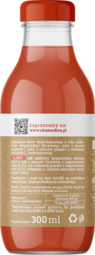 Tył butelki soku jabłkowego Ekamedica 300 ml z żurawiną, granatem i witaminą C, widoczna etykieta.