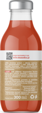 Tył butelki soku Jabłko Żurawina Granat Ekamedica. Szklana butelka 300 ml, czerwony płyn, srebrna zakrętka, etykieta z QR code.
