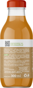Tył butelki soku EkaMedica jabłko-aloes-kiwi z wit. C, z czerwoną zakrętką, beżowa etykieta 300ml.