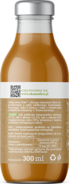 Suplement diety Jabłko aloes kiwi 300ml, brązowa ciecz, tył szklanej butelki z etykietą, składem i QR.