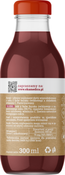 Szklana butelka 300ml soku z buraka z witaminą C, pasteryzowanego, widok od tyłu z etykietą i czerwoną nakrętką.