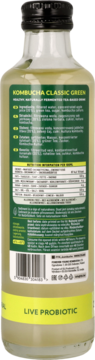 Tył butelki Kombucha Classic Green z zieloną etykietą, widoczna lista składników i napis 'LIVE PROBIOTIC'.
