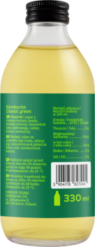 Tył butelki Kombuchy Classic Green z zieloną etykietą, widocznym składem, tabelą wartości odżywczych i kodem kreskowym.
